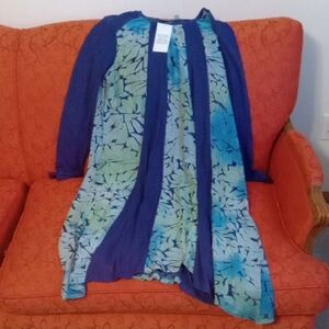 Logo Boho TieDye Textured Velvet Mock Neck Patterned Blue&Green LongSleeve Dress